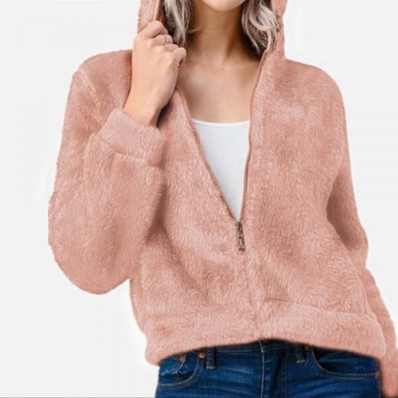 Mauve Hooded Sherpa Jacket with Pockets - Picture 1 of 3